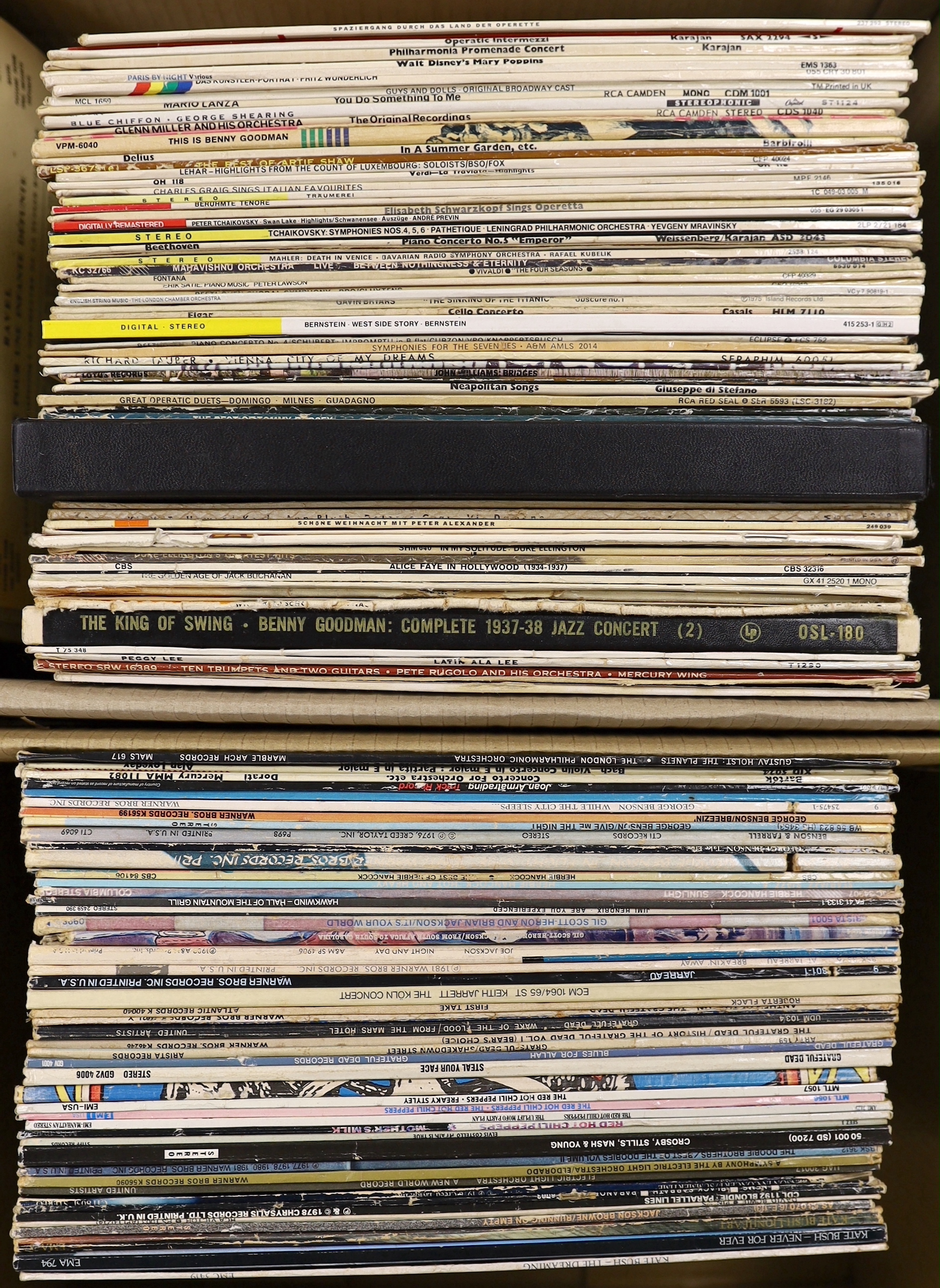 Forty-two mainly 1970's-80's LPs including, Kate Bush, David Bowie, Black Sabbath, ELO, Crosby, Stills, Nash & Young, Red Hot Chili Peppers, Grateful Dead, Jimi Hendrix, Hawkwind, Herbie Hancock, George Benson, etc.